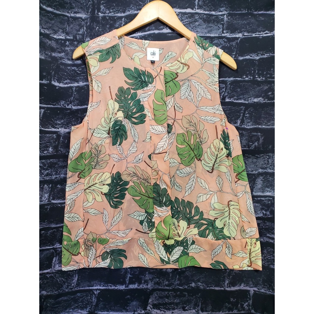 Cabi Sleeveless Blouse Womens Medium Peach Tropical Leaf Print Sheer Layered Top